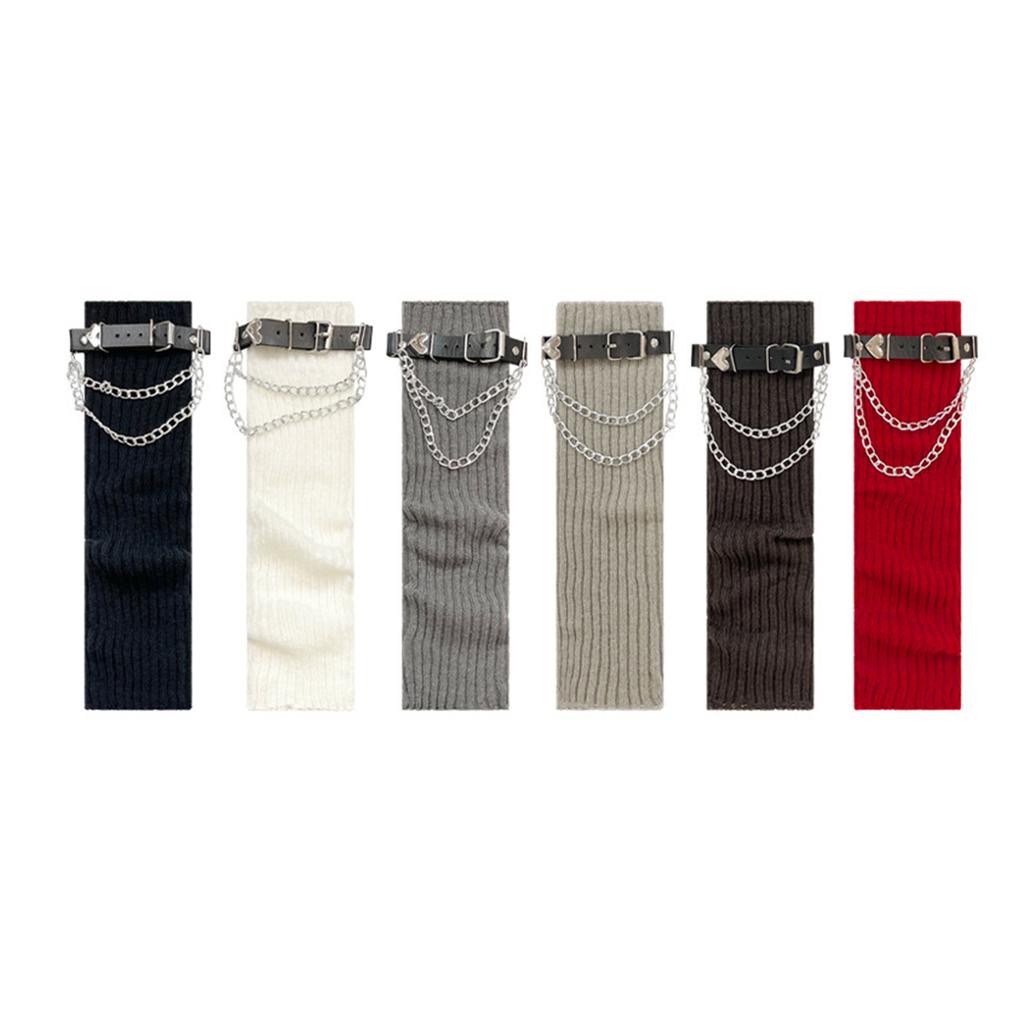 Gothic Punk Leg Warmers Boot Toppers with Heart Chain Leather Belt Ribbed Knit Leg Covers Footless Socks for Women Girls