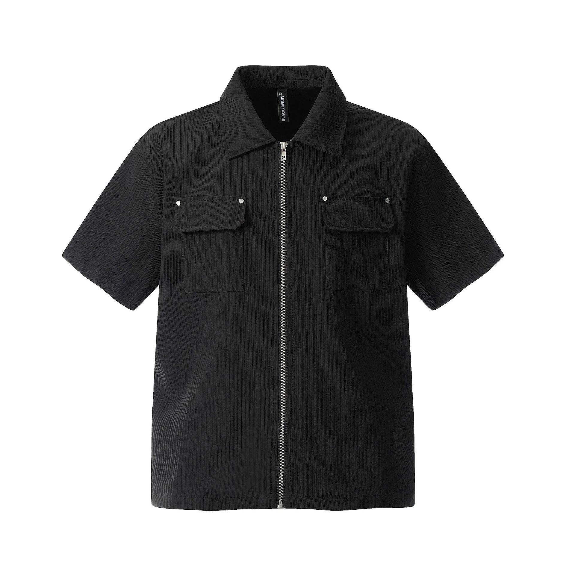 Men s Summer American Vintage ins Tide Pleated Tooling Shirt Short Sleeve Zip Shirt S