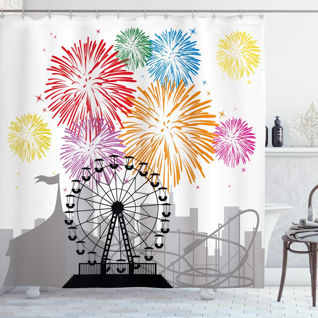 Cartoon Ferris Wheel Theme Shower Curtain,Cartoon Hot Air Balloon Ferris Wheel Print Bathroom Curtain Waterproof Cloth With Hook