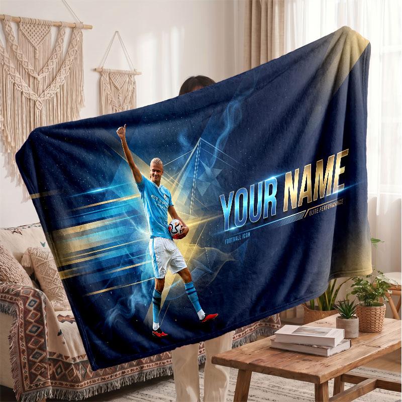 Erling Haaland Personalized Fleece Blanket With Football Logo, Custom Name Text Soft Warm Home Throw Blanket