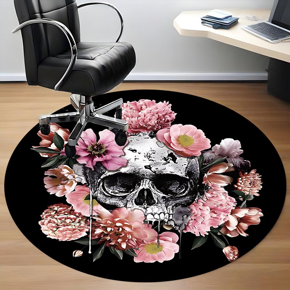 1pc Skull Flowers Office Round Area Rug, Indoor Mat Suitable For Office, Under Office Chairs Bedroom Living Room Home Decor, Room Deco