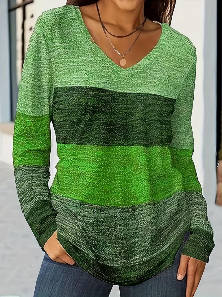 2025 Cross-Border V-Neck Color-Blocked Long-Sleeve T-Shirt