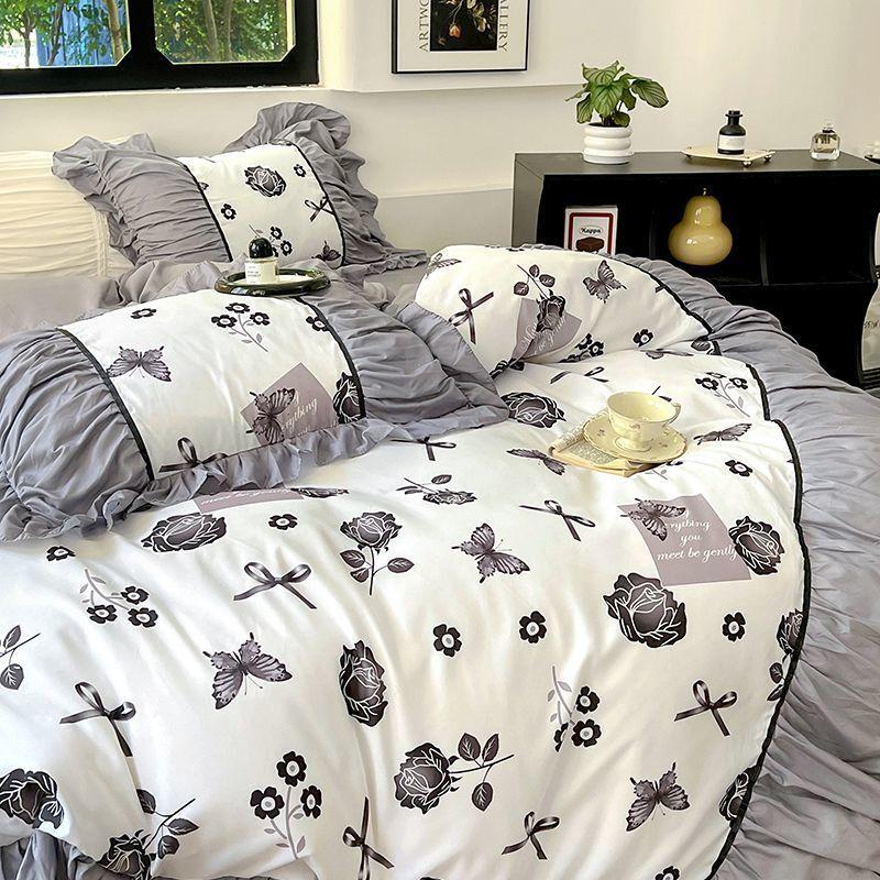French Retro Light Luxury Washed Cotton Four Piece Set Bedroom Lace Duvet Set Single Bedding Set Dormitory Bed Linen
