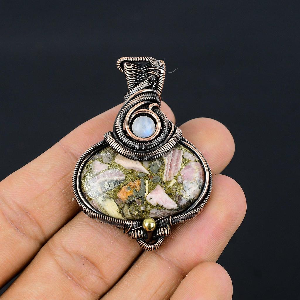 Copper Rhodochrosite Pendant, 999 Copper Wire Wrapped Jewelry, Gemstone Jewelry Pendant, Handmade Wedding Gift Jewelry