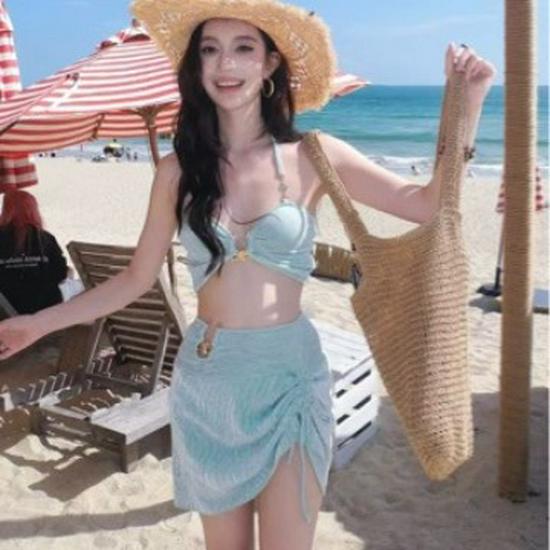 

2024 Женский Сексуальный Летний Голубой Купальник-Юбка с Эффектом Отбеливающего Молочка - Набор из Трех Предметов Large синий