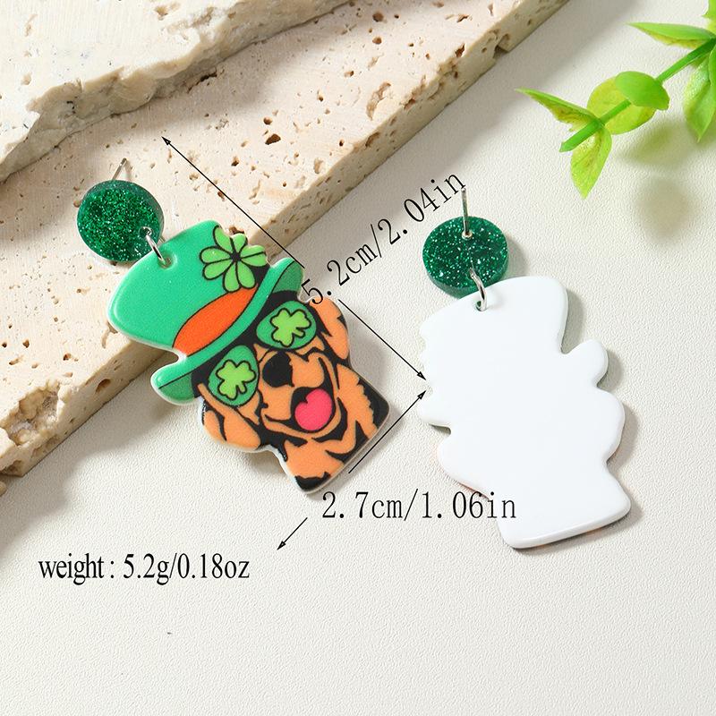 European St. Patrick s Day Green Kitten & Puppy Skull Clover Earrings for Women