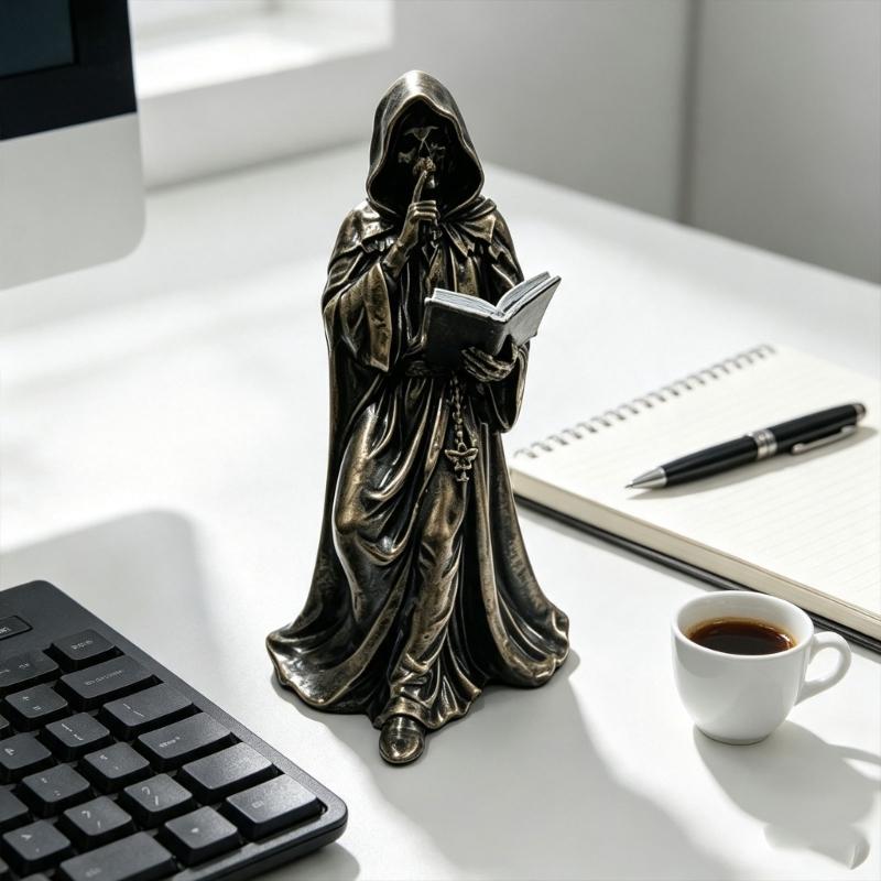 Tabletop Resin Sculpture with Hooded Character, Open Spell Book, and Bronze Style Finish for Shelf Display Use