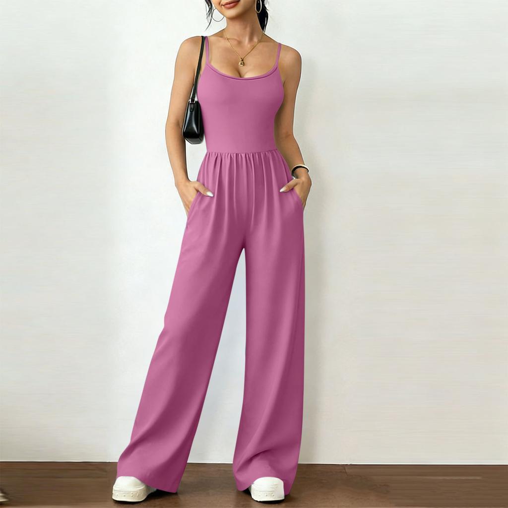 Women's Fashionable Casual Plain-Coloured -Neck Wrap-Around Wide-Leg Loose-Fit Jumpsuit