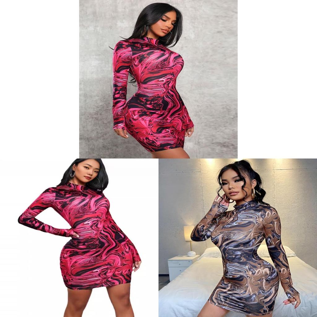 Streetwear Tropical Print Mini Bodycon Dress With Long Sleeves For Autumn 2024