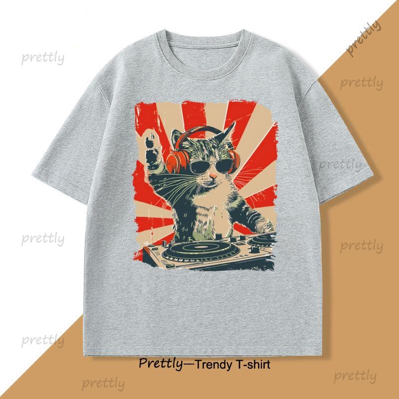 Cool DJ Cat TShirt Funny Cat with Headphones Graphic T Shirts Trendy Short Sleeve Round Neck Tshirt Streetwear Cotton Tees