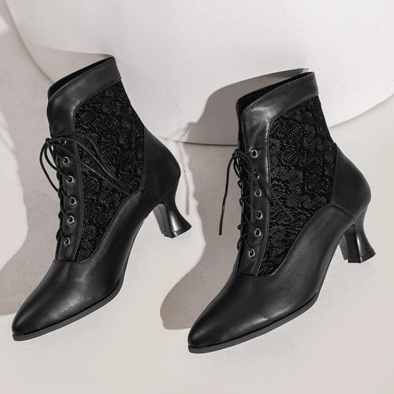 Women Victorian Ankle Boots Leather Lace Heel Shoes for Women Fashion Lace Up Spliced Ladies High Heels Woman Boots Ankle 46
