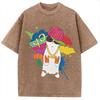 Men's Vintage Washed Hip Hop Cat T-Shirt Retro Short Sleeve O-neck Dropped Shoulder Oversized Tee Wear Holiday Tops