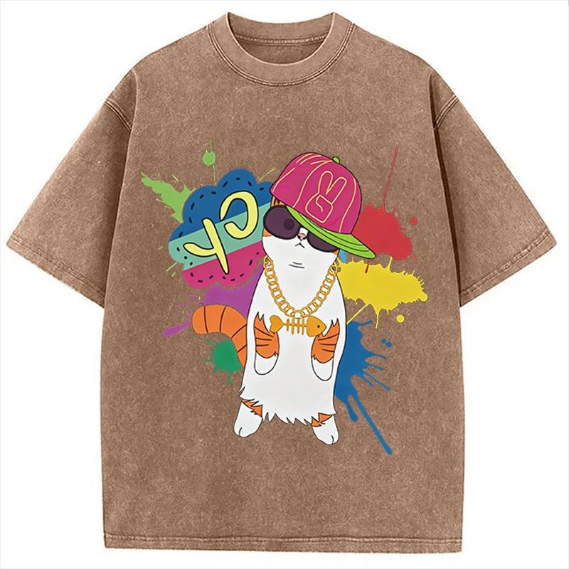Men's Vintage Washed Hip Hop Cat T-Shirt Retro Short Sleeve O-neck Dropped Shoulder Oversized Tee Wear Holiday Tops