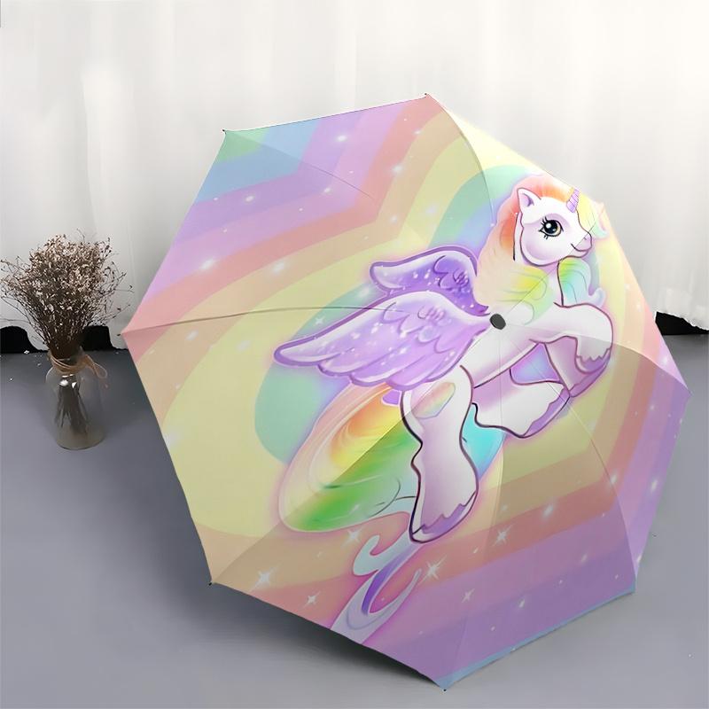 Rainbow Heart Unicorn Automatic Folding Umbrella: Portable 3-Fold Design with Iron Frame, Perfect for Fans and Outdoor Use0104407a