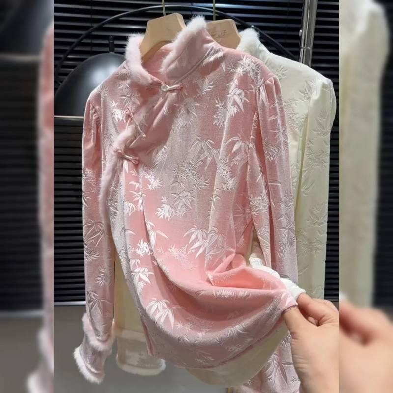 

Шикарный розовый бархатный женский топ в китайском стиле - Уникальный и модный дизайн M (80-100 jin) розовый