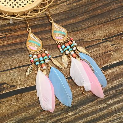 Bohemian Colorful Feather Tassel Earrings For Women Ethnic Beads Drop Statement Hanging Earrings Girls  Jewelry Gift
