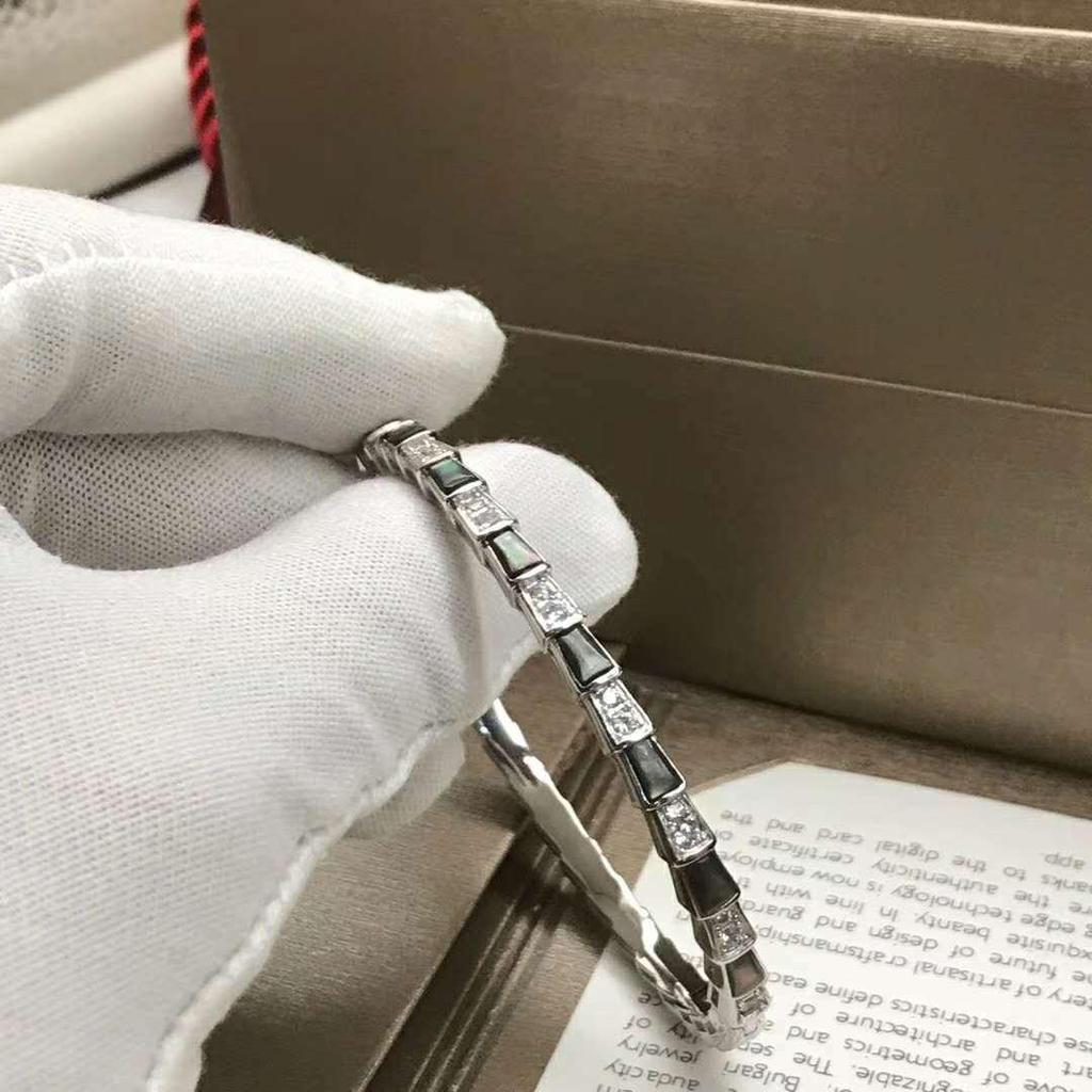 Sterling Silber Schlangenarmband mit Voll-Diamanten, natürlichem Perlmutt & Achat, in Pfauengrün für Paare - Unisex Europäischer & Amerikanischer Stil