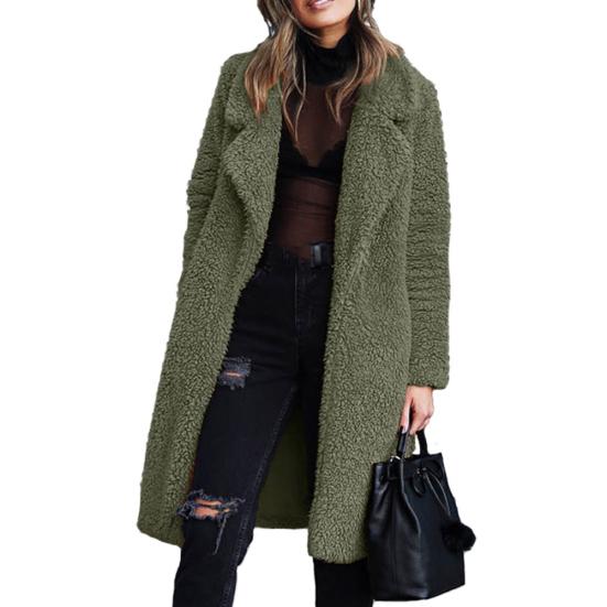 Women Winter Thicken Plush Lapel Solid Color Long Sleeve Warm Cardigan Midi