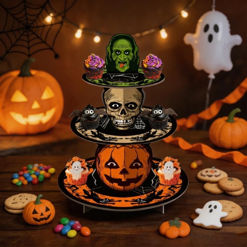 Pumpkin Skull Cupcake Stand for Halloween Party Table Centerpieces, 3 Tiered Paper Dessert Tower for Cupcake, Candy, and Dessert Displays