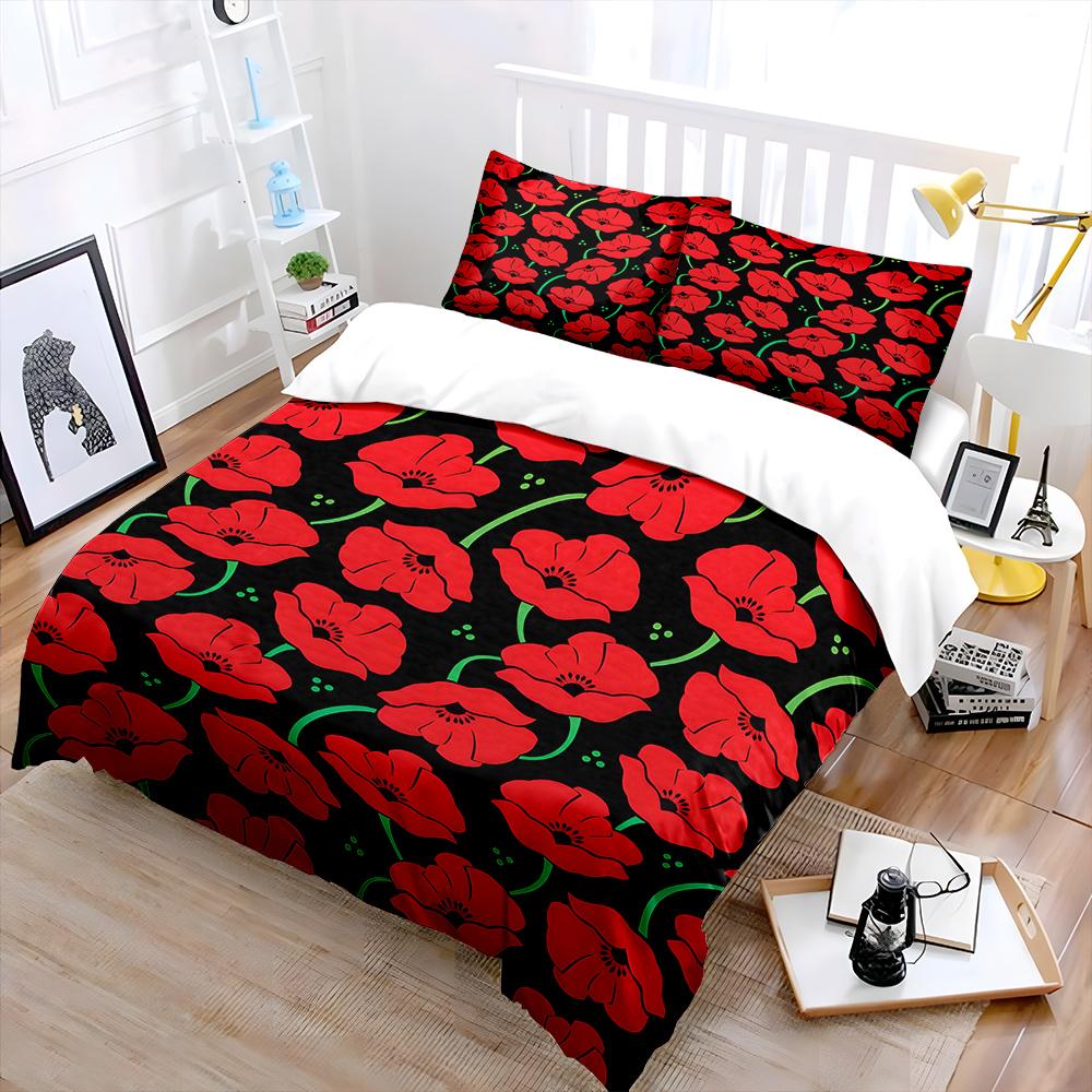 Red poppy pattern on black background Print Soft Comfortable Duvet Cover Bedding Set Included 1*Duvet Cover 2*Pillowcases