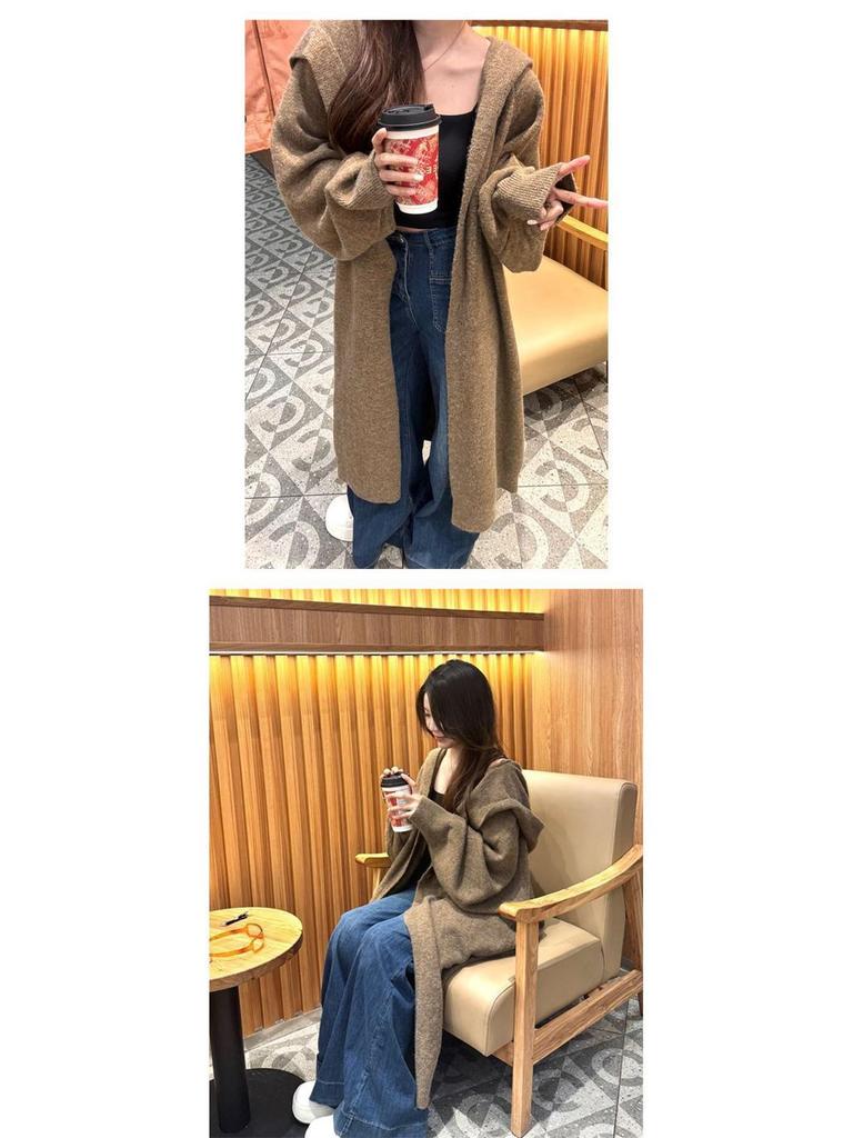 Korean Oversized Hooded Knit Cardigan - Long, Thick, Over-the-Knee Sweater for Autumn/Winter