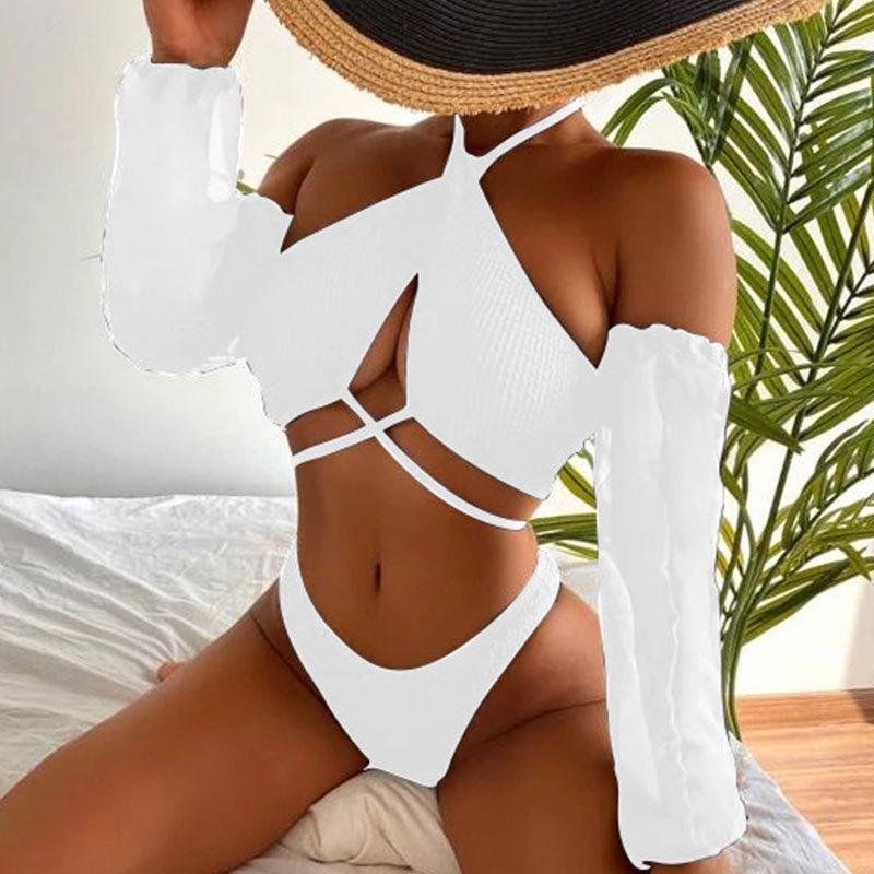 Damen Dreiteiliger Langarm-Bikini-Set - Gestreifter und Einfarbiger Badeanzug