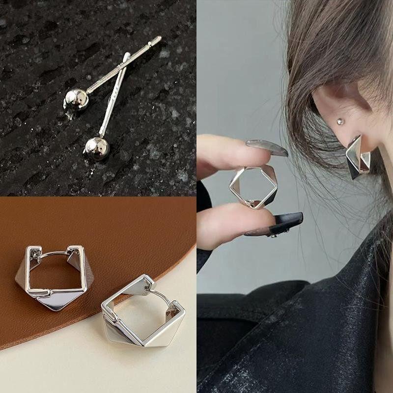 Cold Wind Silver Metal Three-Dimensional Diamond Niche Style Ear Clip