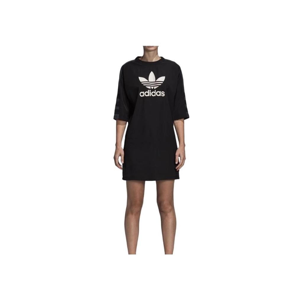 Adidas Originals Trefoil Theme Logo Print Round Neck Slim Fit Casual Sports Long Sleeve Dress Women dresses Black DP8593