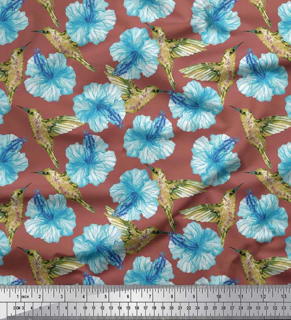 Soimoi Černá poly krepová látka s potiskem kolibříků a květin, látka na metr, 42 palců