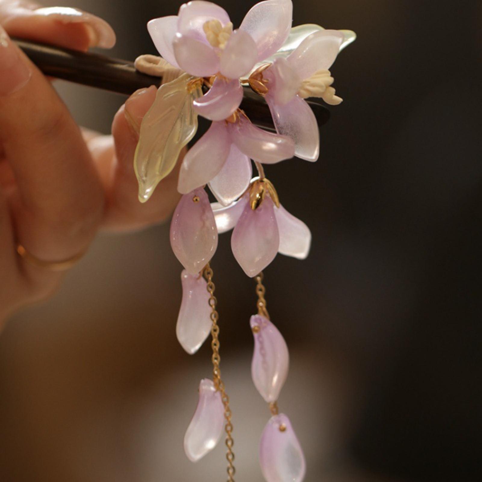 

Vintage Chinese Style Tassel Hairpin Classical Jade Orchid Purple Vine Flower Hair Stick For Women Elegant Hanfu Hair Accessory рожевий