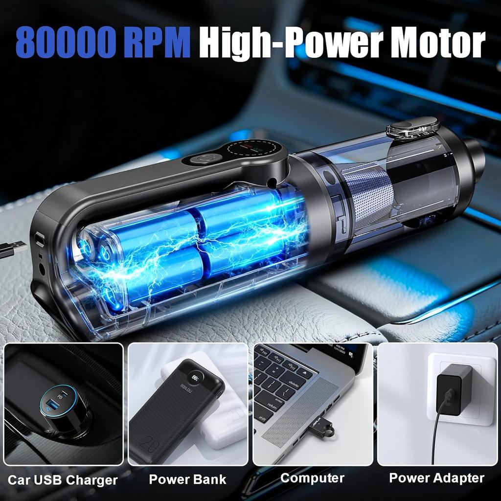 Portable Car Vacuum 19000 Pa Cordless 4-in-1 Handheld with LED Light & Multi-Nozzles, Black