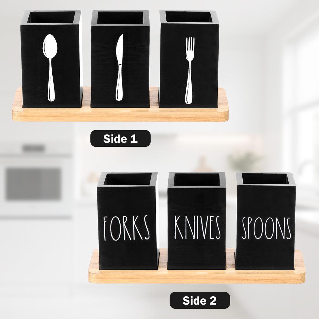 Wooden Utensil Storage Holder Flatware Silverware Organizers with Tray Home Kitchen Countertop Spoon Fork knife Holder