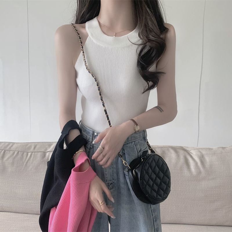 French Camisole Tank Top Women's Summer Outerwear Blazer Inner Base Layer Backless Cut-out Shoulder Halter Red Knitted Top