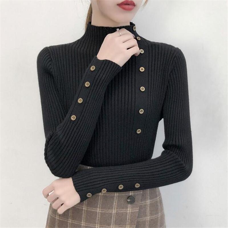 Women Autumn Knitted Slim Sweaters Solid Knitted Female Cotton Soft Elastic Color Pullovers Button Full Sleeve Turtleneck