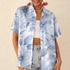 Gentle blue floral printed shirt for women, short-sleeve loose lapel design, niche vacation style top
