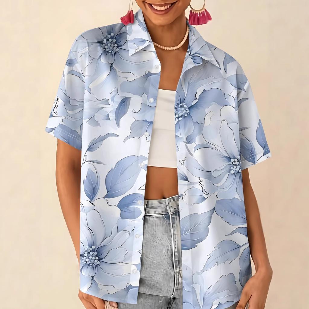 Gentle blue floral printed shirt for women, short-sleeve loose lapel design, niche vacation style top