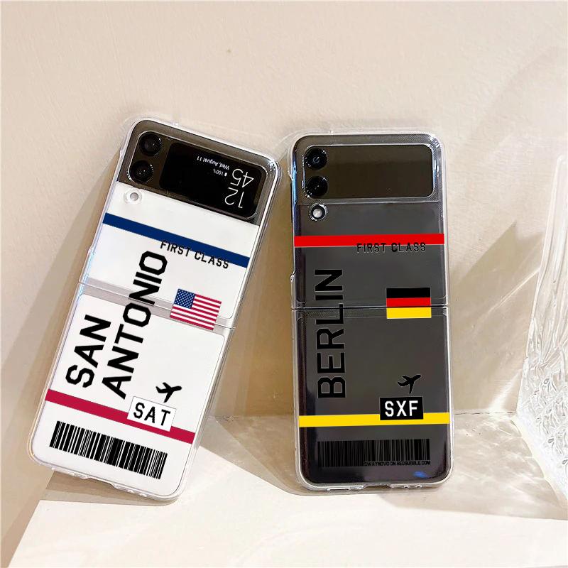 Travel New York Airplane Ticket Art Fashion Case For Samsung Galaxy Z Flip 3 4 5 6 7 Hard Folding Z Flip4 Clear PC Cover Gift