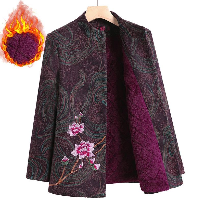 Women's Embroidered Jacket New Stand-Up Collar Top Winter Fleece Gown