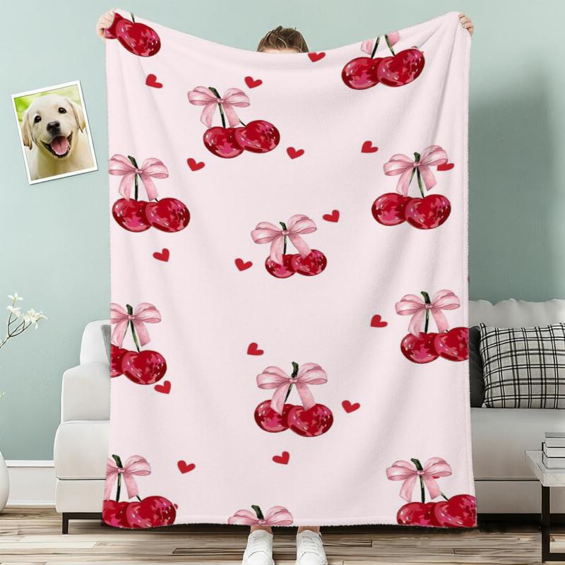 Pink Background Red Cherry Bow Heart Sweet Fleece Blanket For Romantic Bedroom Decor Lightweight Plush Throw Blanket Accent