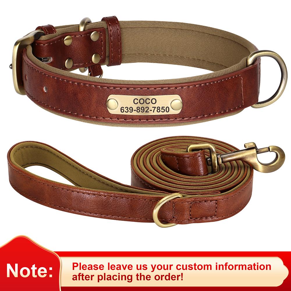 Personalized Dog ID Collar With Leash Soft Padded PU Leather Dogs Collar and Leash Set Anti-lost Tag For Small Medium Large Dogs