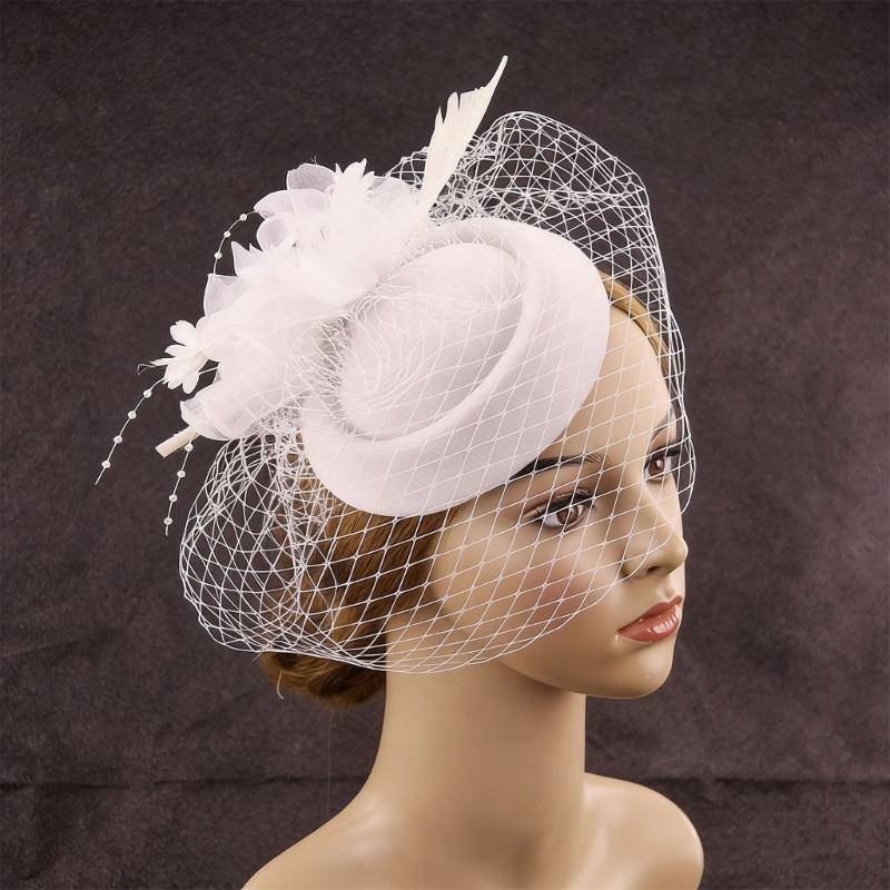 Elegant Feathered Flower Fascinator Hat for Women Cocktail Party Wool Fedoras Hat For Masquerade Parties Dressingup