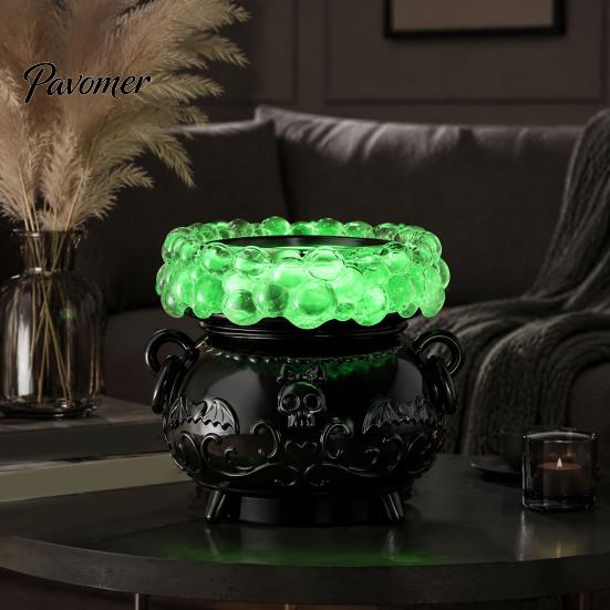 LED Witch Pot Halloween Cauldron Bubble Light Decor, Color Changing Potion Lamp with Illuminated Resin Crucible Purple Light, Spooky Gothic