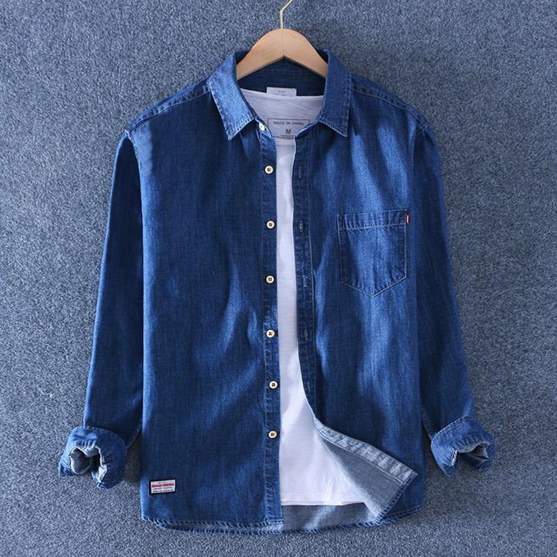 

Men s Plus Size Washed Denim Shirt - Loose Fit Casual Fashion for Spring & Autumn M темно-синього кольору