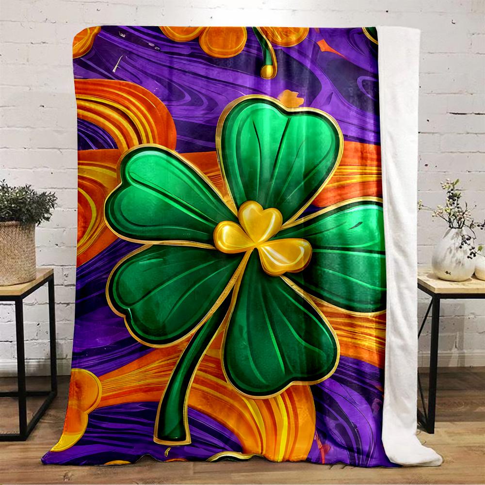 Green and Gold Clover Pattern Blanket Design Flannel Blanket for Bedroom, Living Room, Sofa, and Nap Sofas.