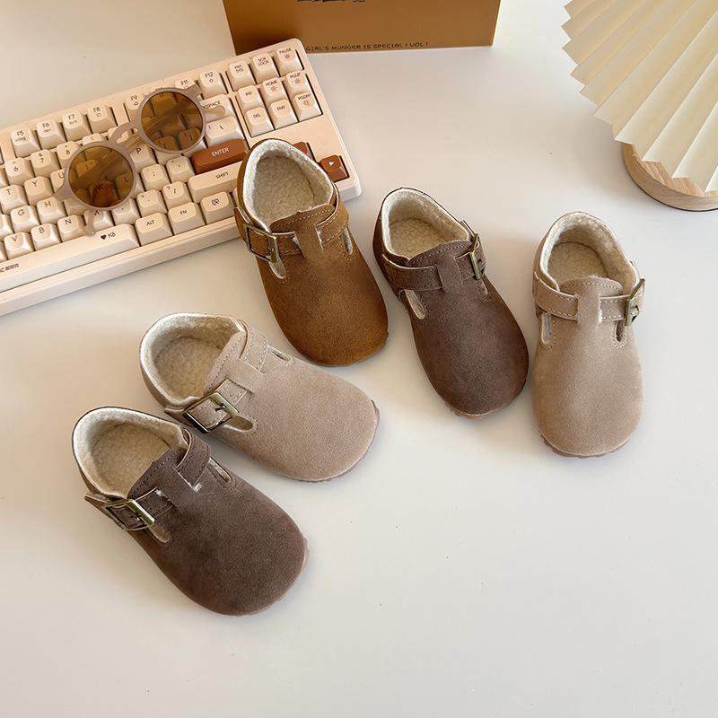 Children's Winter 2025 Cotton & Leather Shoes – Soft Sole, Fleece-Lined Birkenstock Style for Boys & Girls