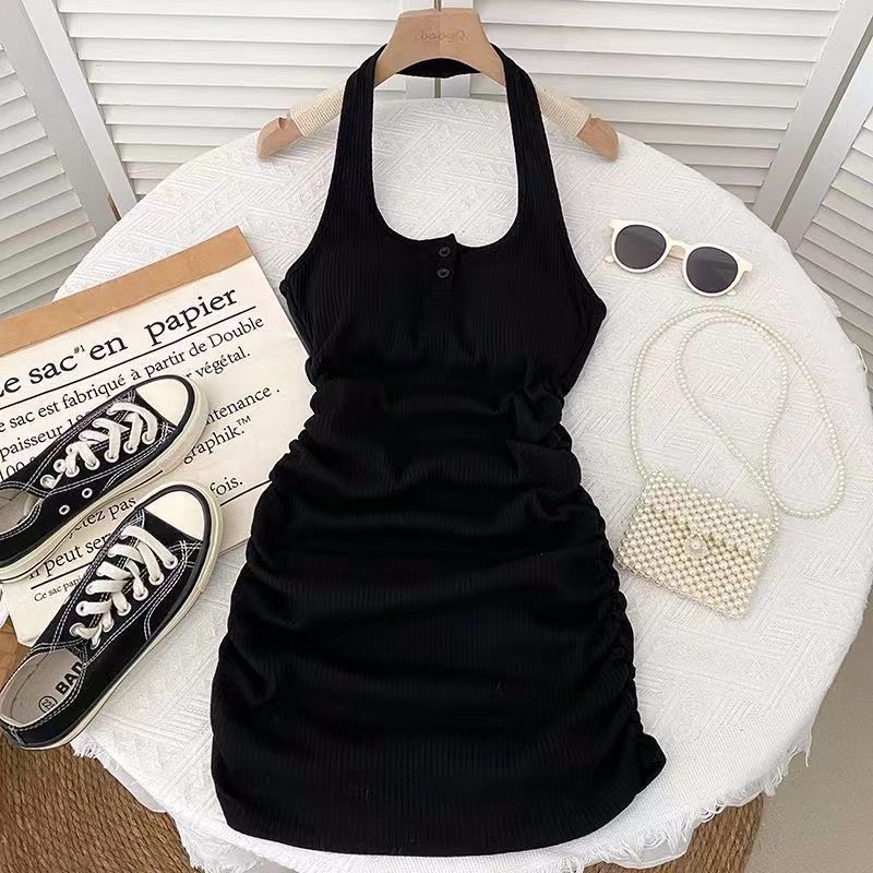 Fashionable hot girl tank top halter dress women s summer with bra pads, backless pleat, tight slimming, hip-hugging dress S