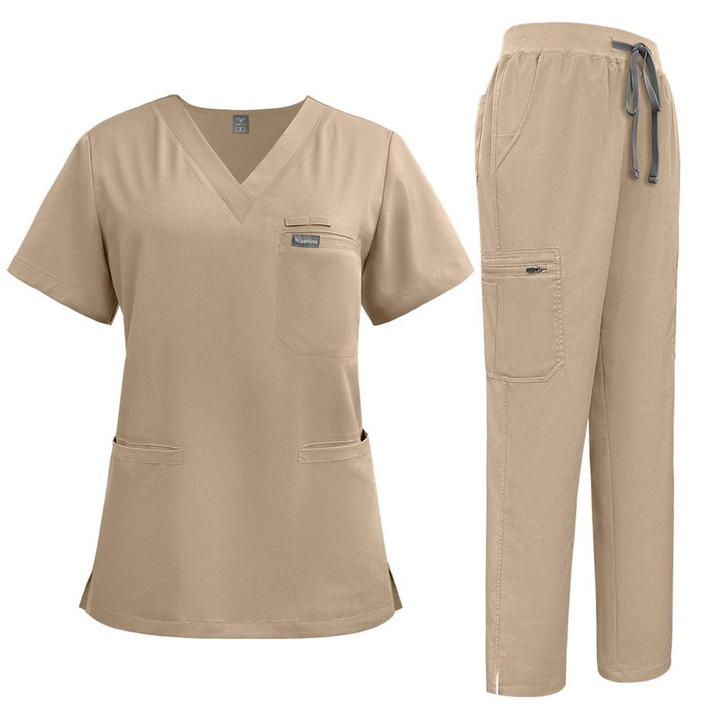 Women's Short Sleeved Solid Color V Neck Pocket Top Pants Work Clothes Two Piece Set