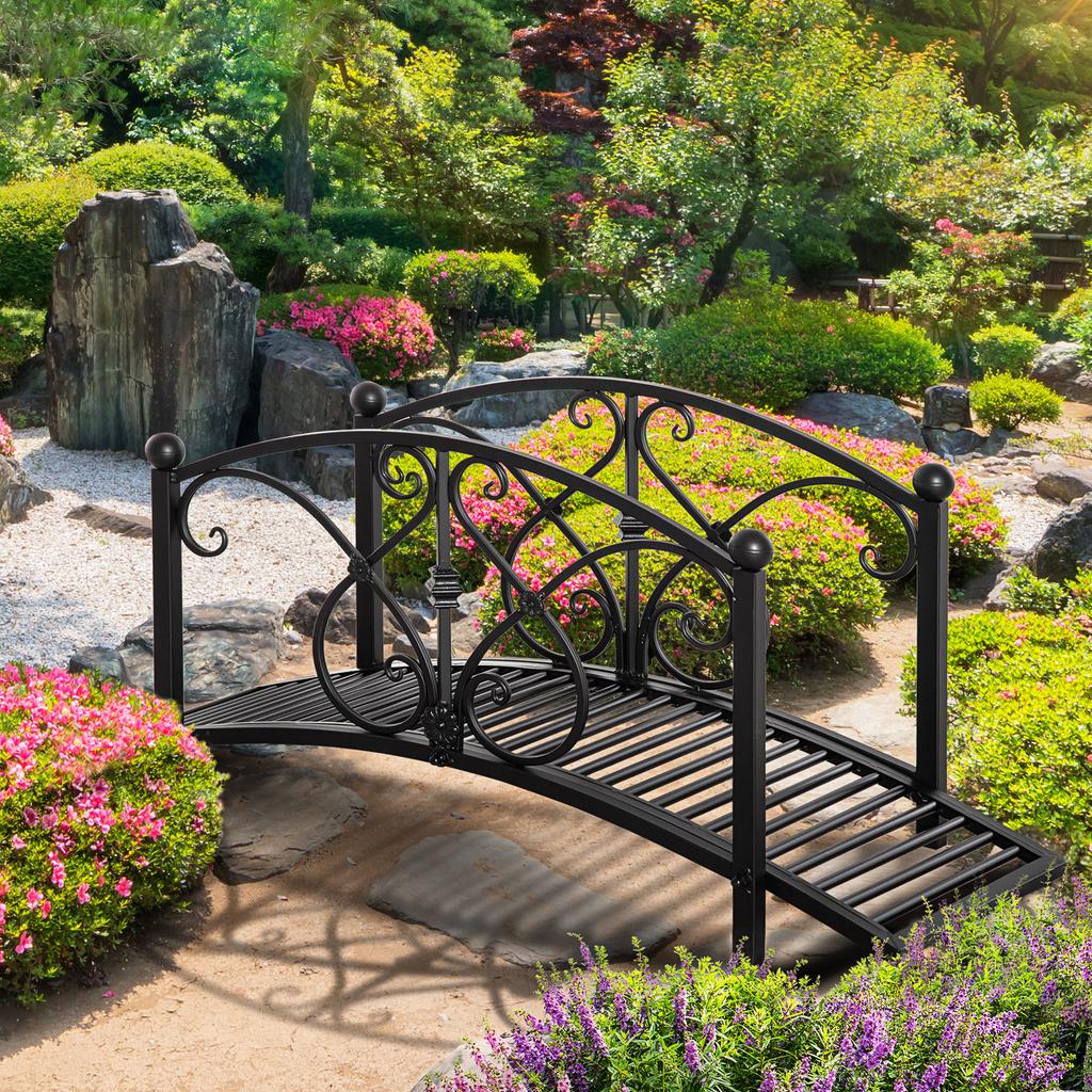 102L x 48W x 49H Classic Metal Garden Bridge with Safety Railings Arc Footbridge Decorative Pond Bridge for Backyard Creek Stream, Black