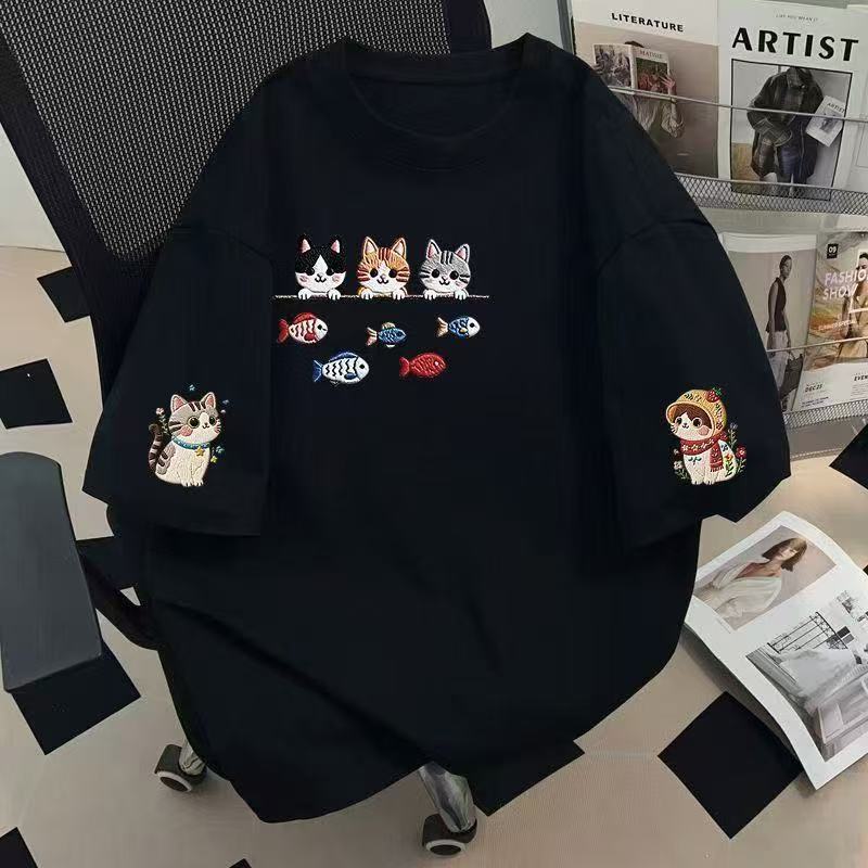 Women's Short Sleeve Tee Round Neck Japanese Korean Style Cartoon Cat Print Cotton Casual Top