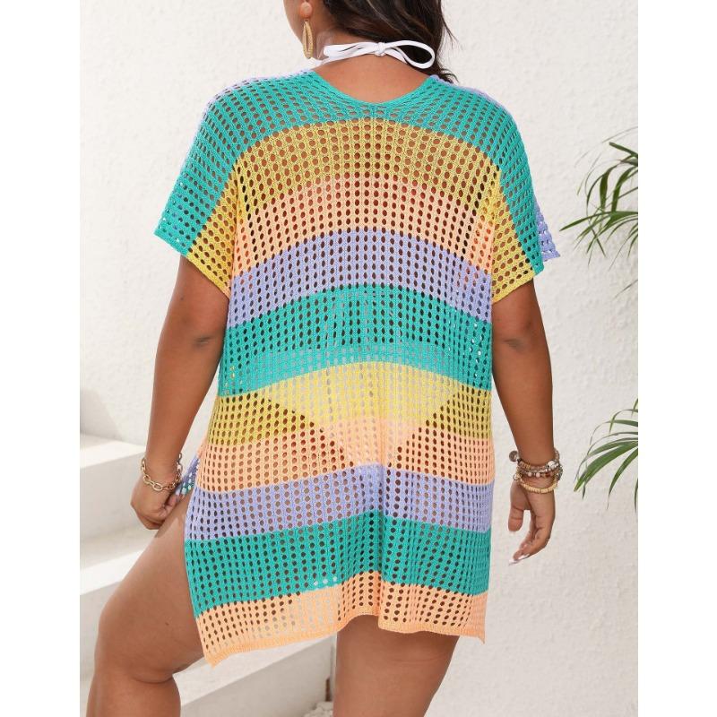 Plus Size Women's Holiday Smock Color Splicing Mixed Color Stripes Hollow Woven Dress